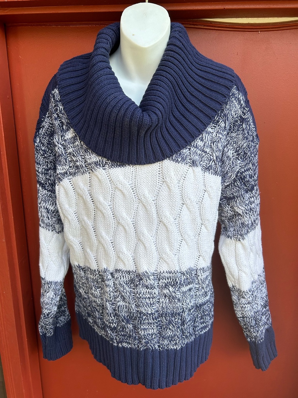 VENUS NAVY/WHITE COLOR BLOCK CABLE KNIT CHUNKY COWL COLLAR WOMEN’S SWEATER XL